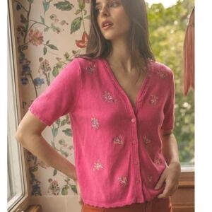Southern Lady Cardigan Sweater Women Medium Pink Floral Embroidered Short Sleeve